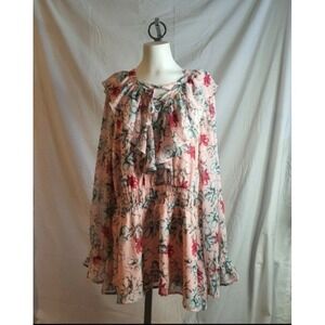 Lane Bryant‎ Floral Blouse Size 20 Long Sleeve Ruffles Pink Red Top Plus Career